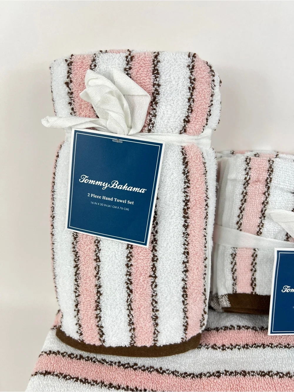 Tommy Bahama Bathroom Towel Set Pink Brown White Ticking Stripe Cotton 8 Pc NEW